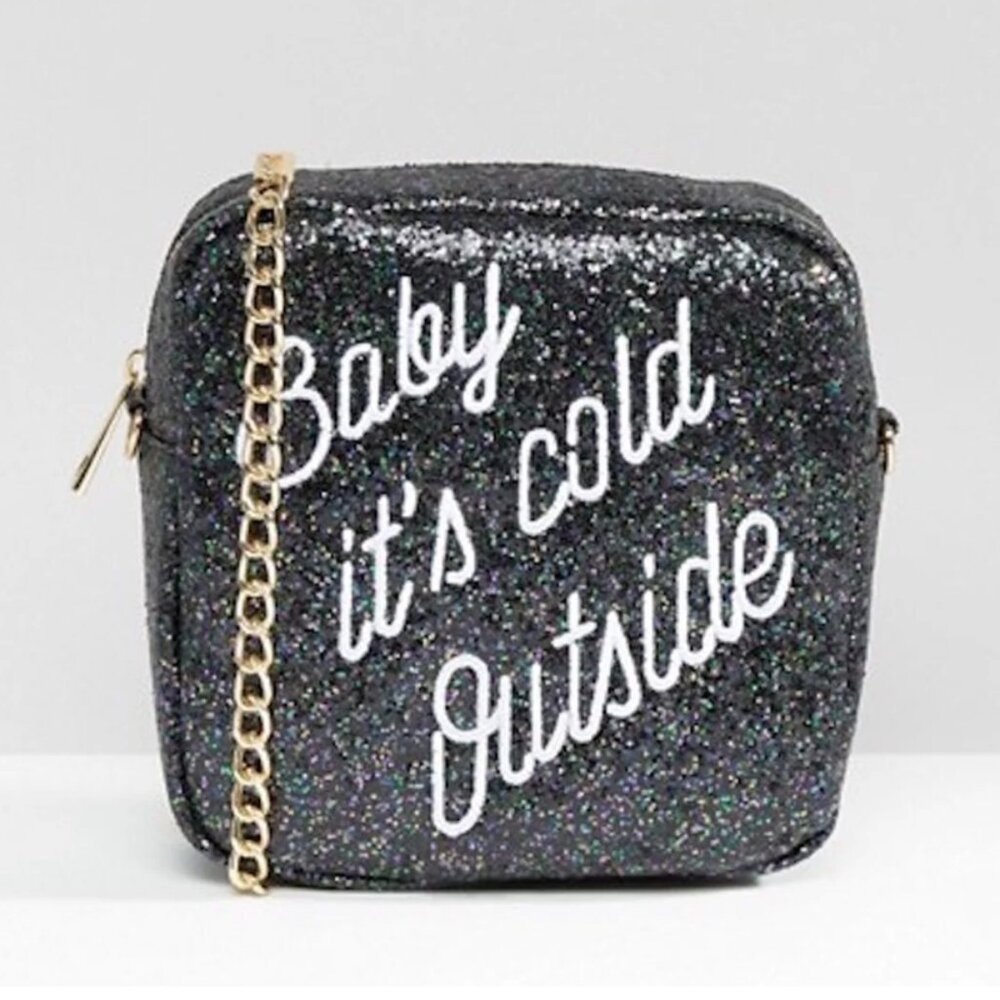NWOT "Baby It's Cold Outside" Holiday Bag - Black Glitter w/ Gold Chain